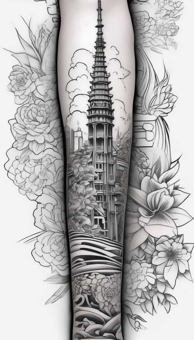 Barcelona cityscape, Spanish plants, leg sleeve half sleeve tattoos for men, design de tatouage Japonais généré par IA